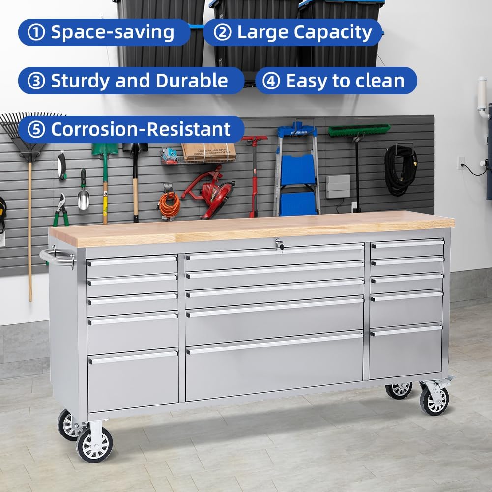 15 Drawer Stainless Steel Rolling Tool Chest with Wheels and Wood Top W441
