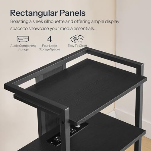 Black 4-Tier Wooden Media Console with Charging Station and LED Light S13971