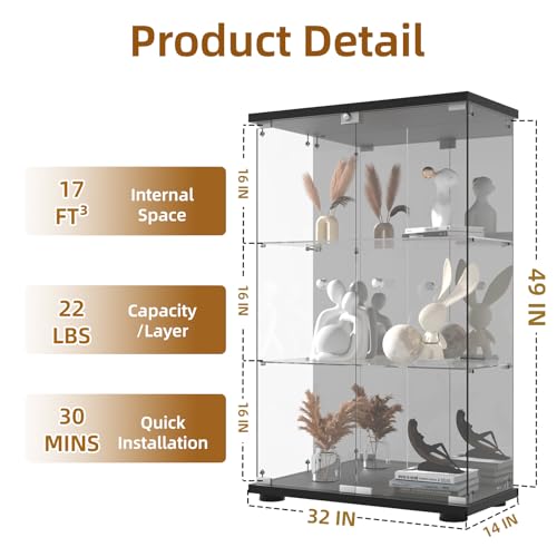 Black 4-Shelf 3 Doors Tempered Glass Display Cabinet Q819