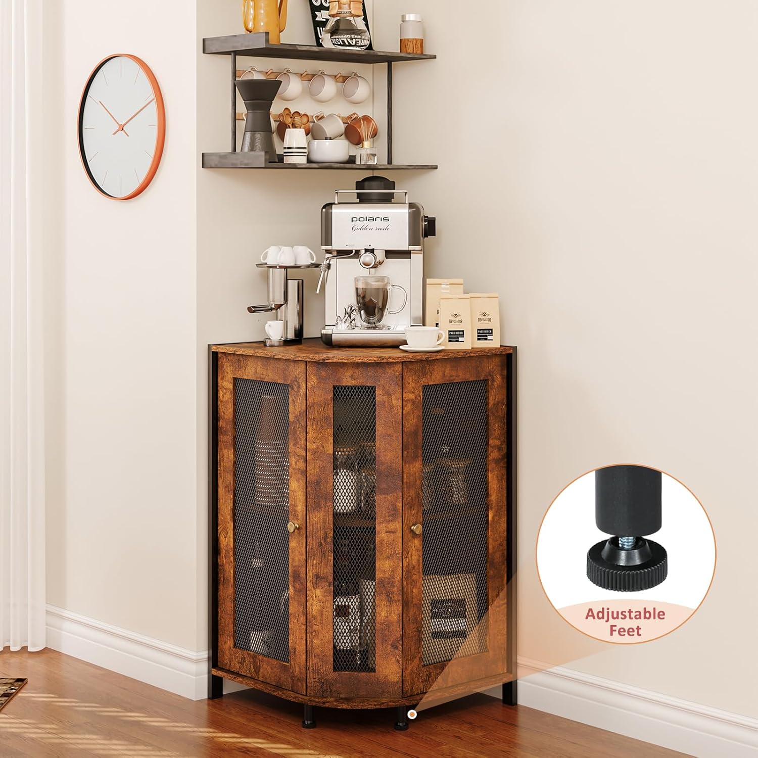 3-Tier Rustic Wood Coffee Bar Cabinet with Storage Shelf G68688