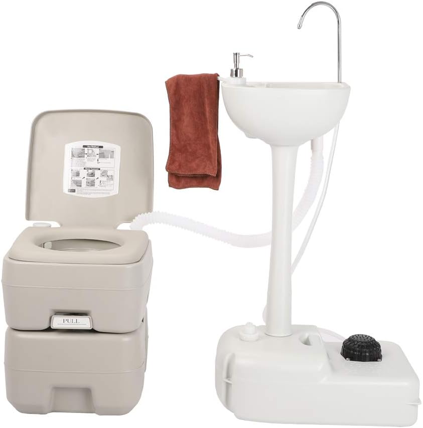 Portable Sink and Toilet Combo, 5 Gal Hand Washing Station & 5.3 Gal Flushing Toilet, Detachable E685181