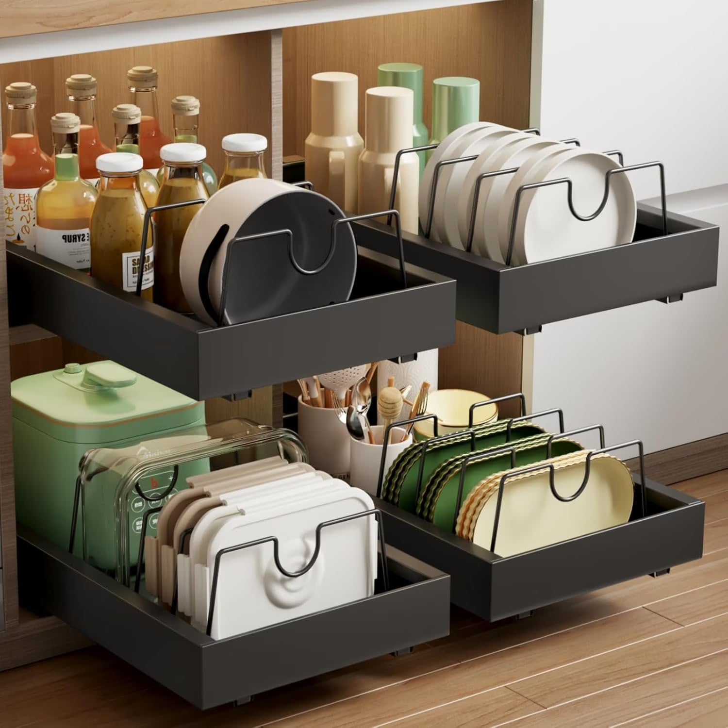 2 Pack Pull Out Cabinet Organizer, Slide Out Drawers, Heavy Duty Shelves, Black B48395