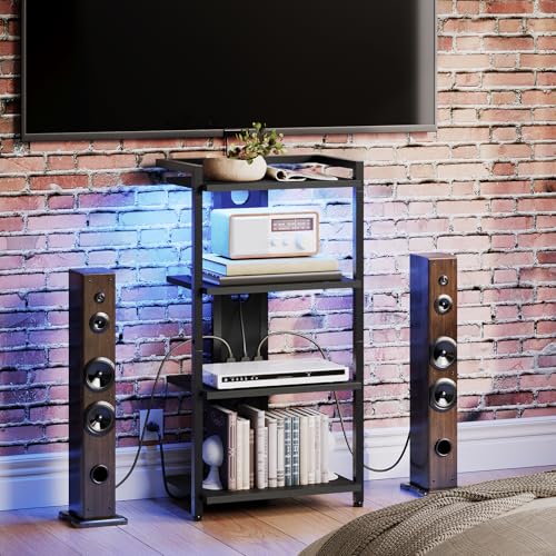 Black 4-Tier Wooden Media Console with Charging Station and LED Light S13971