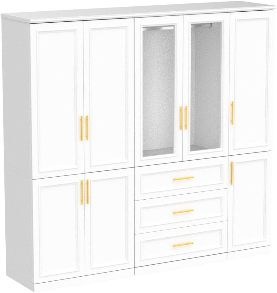 White 8 Door Wooden Wardrobe Armoire with Drawers and Hanging Rods W479
