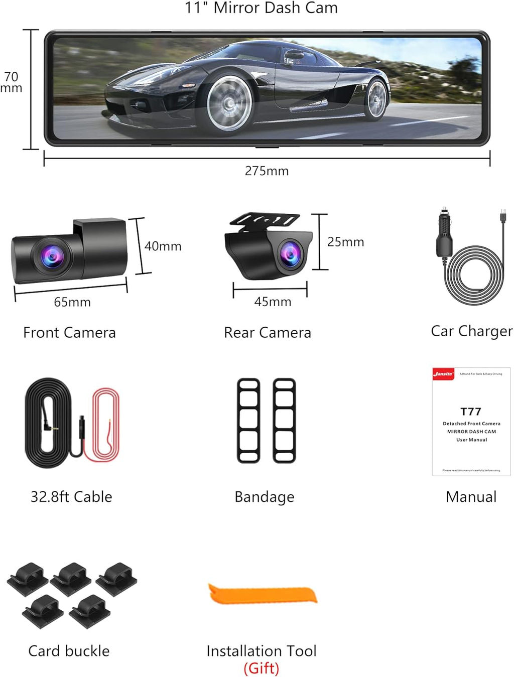 Mirror Dash Cam with Detached Front Camera 11 Rear View Mirror Camera Front and Rear FHD 1080P Waterproof Backup Camera Full Touch Screen with Night Vision V3466
