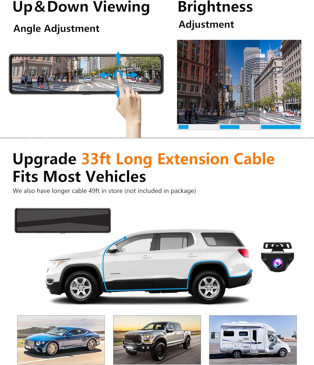 Mirror Dash Cam with Detached Front Camera 11 Rear View Mirror Camera Front and Rear FHD 1080P Waterproof Backup Camera Full Touch Screen with Night Vision V3466