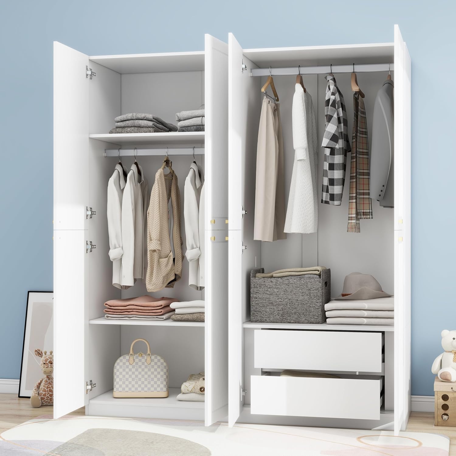 White 4 Door Wood Wardrobe with 2 Drawers J4776