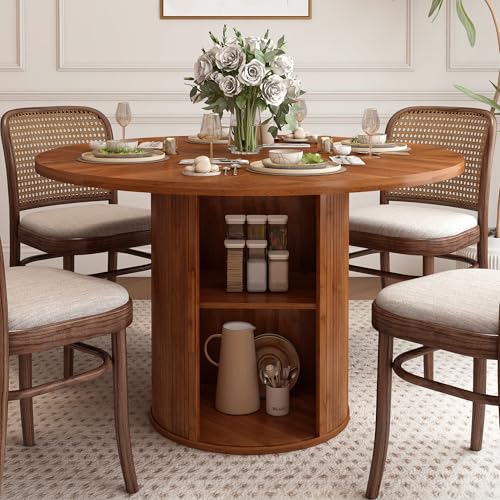 47 inch Round Dining Table with 2-Layer Storage Shelf and Wood Slide Door (Walnut) Z1818