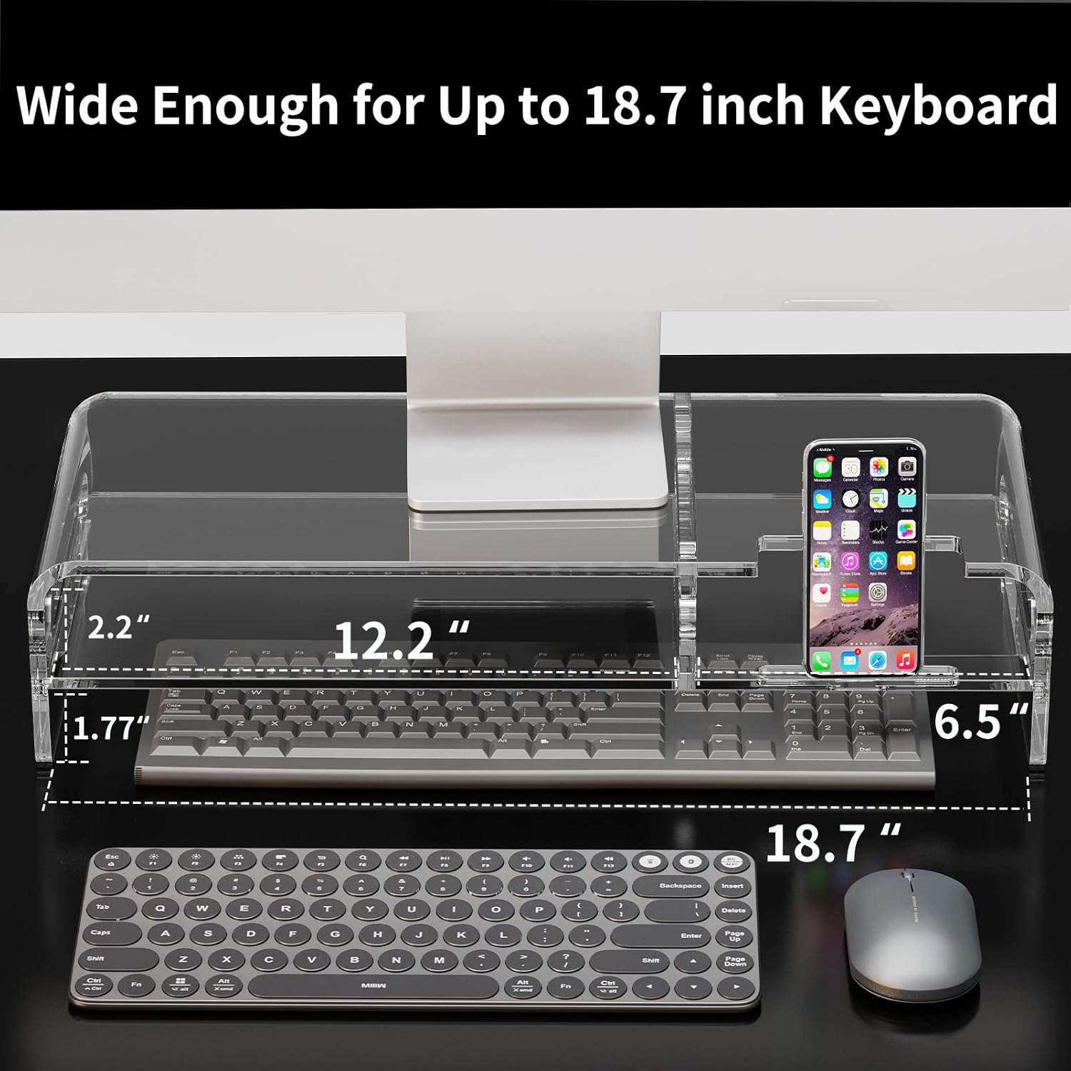 20-inch Clear Acrylic Monitor Stand Riser with Keyboard Storage and Phone Holder A144332