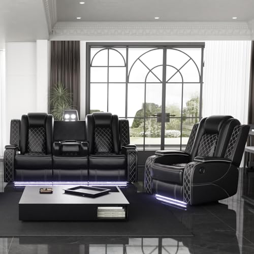 Black Leather Recliner Sofa Set with LED Light B9341