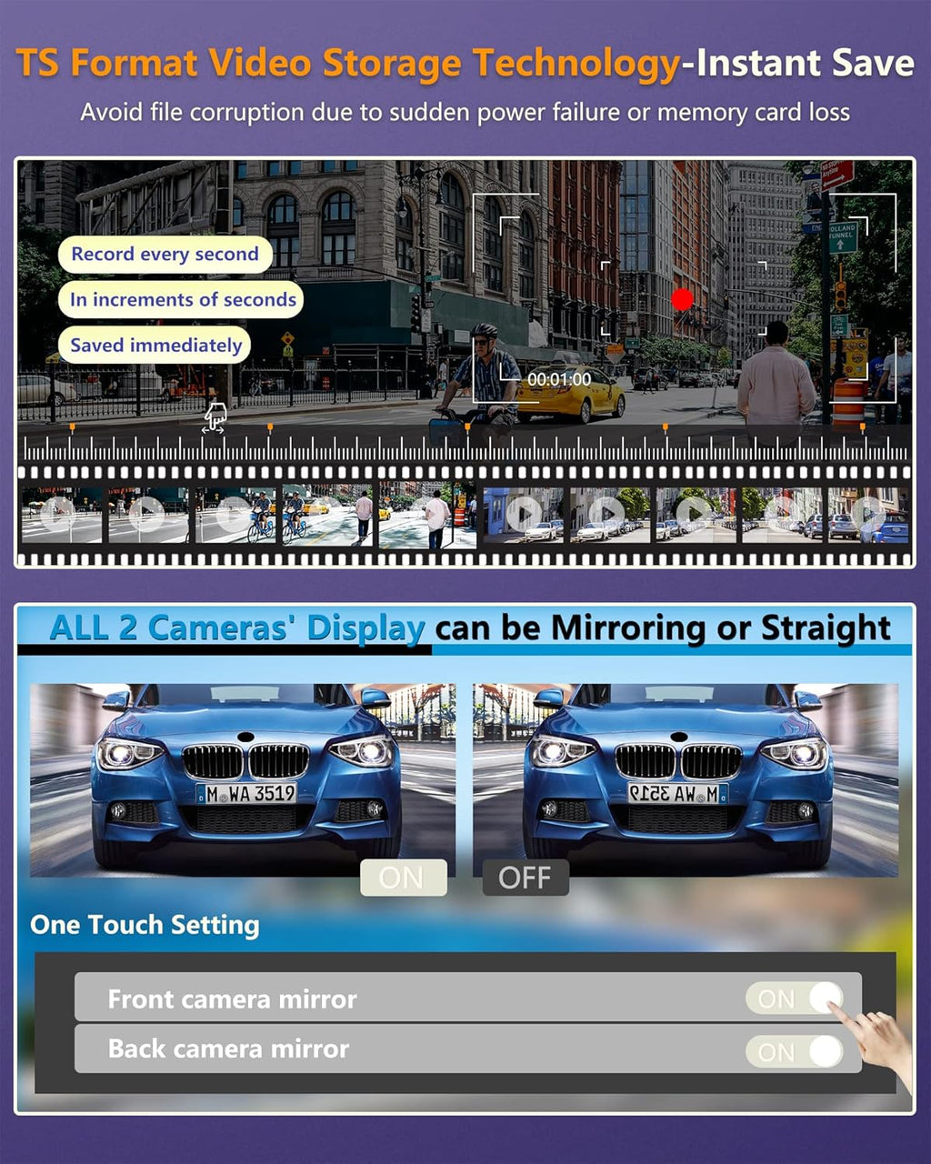 Mirror Dash Cam with Detached Front Camera 11 Rear View Mirror Camera Front and Rear FHD 1080P Waterproof Backup Camera Full Touch Screen with Night Vision V3466
