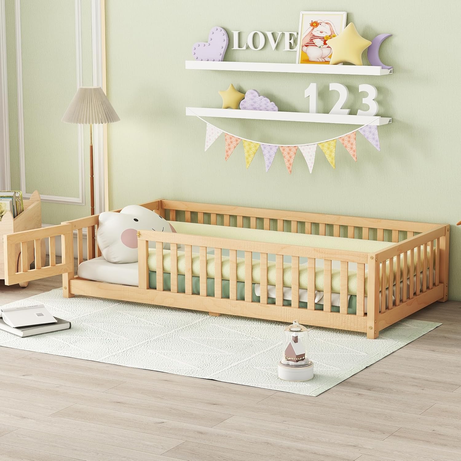 Natural Twin Size Floor Bed with Door and Fence Q9008