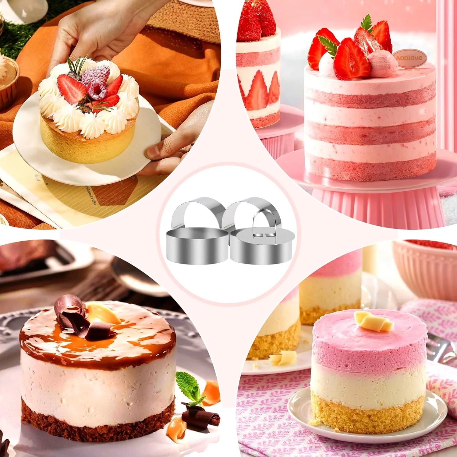 6pcs Stainless Steel Cake Ring Mold Set, 4 Rings, 2 Pusher, Round Q273950