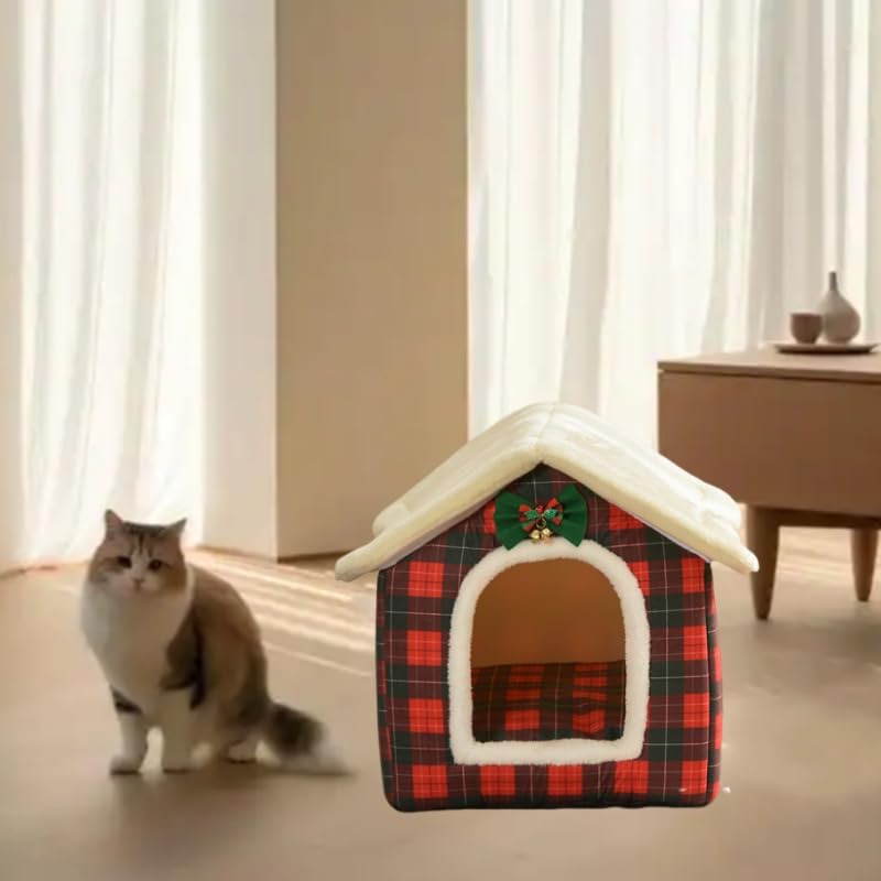 Plaid Cat Bed Cave with Removable Cushion E5647