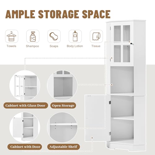 White Tall Corner Cabinet with Adjustable Shelves and Doors F123789