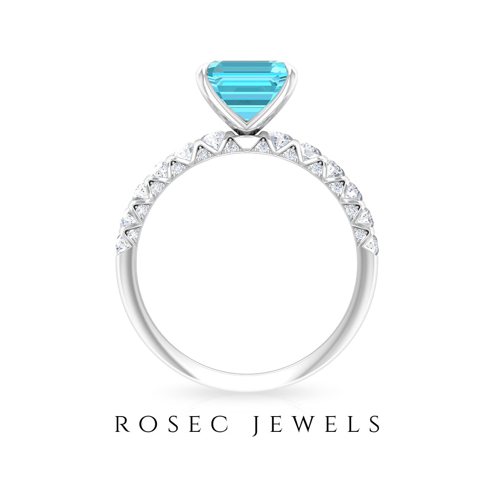 3.75 CT Swiss Blue Topaz Solitaire Ring with Diamond Side Stones, 925 Sterling Silver, US 4.00 I993