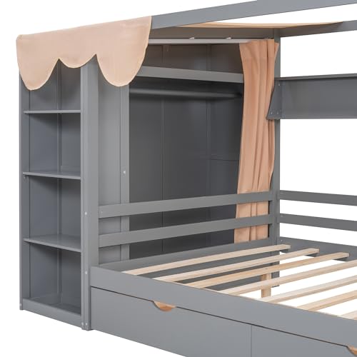 Twin Size Solid Wood House Bed with 2 Drawers and Shelves R593