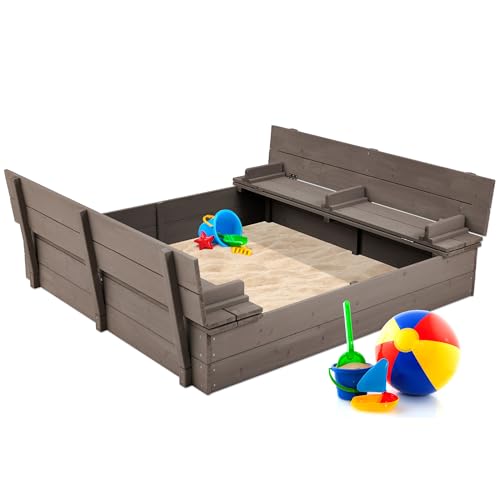 Kids' Outdoor Wooden Sandbox with Foldable Bench Seats Z340448