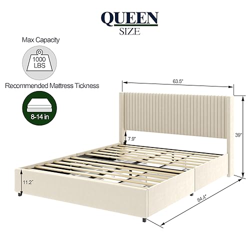 Grey Queen Size Platform Bed Frame with 4 Storage Drawers and Wingback Headboard T8837