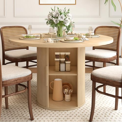 47 inch Round Dining Table with 2-Layer Storage Shelf and Wood Slide Door (Walnut) Z1818