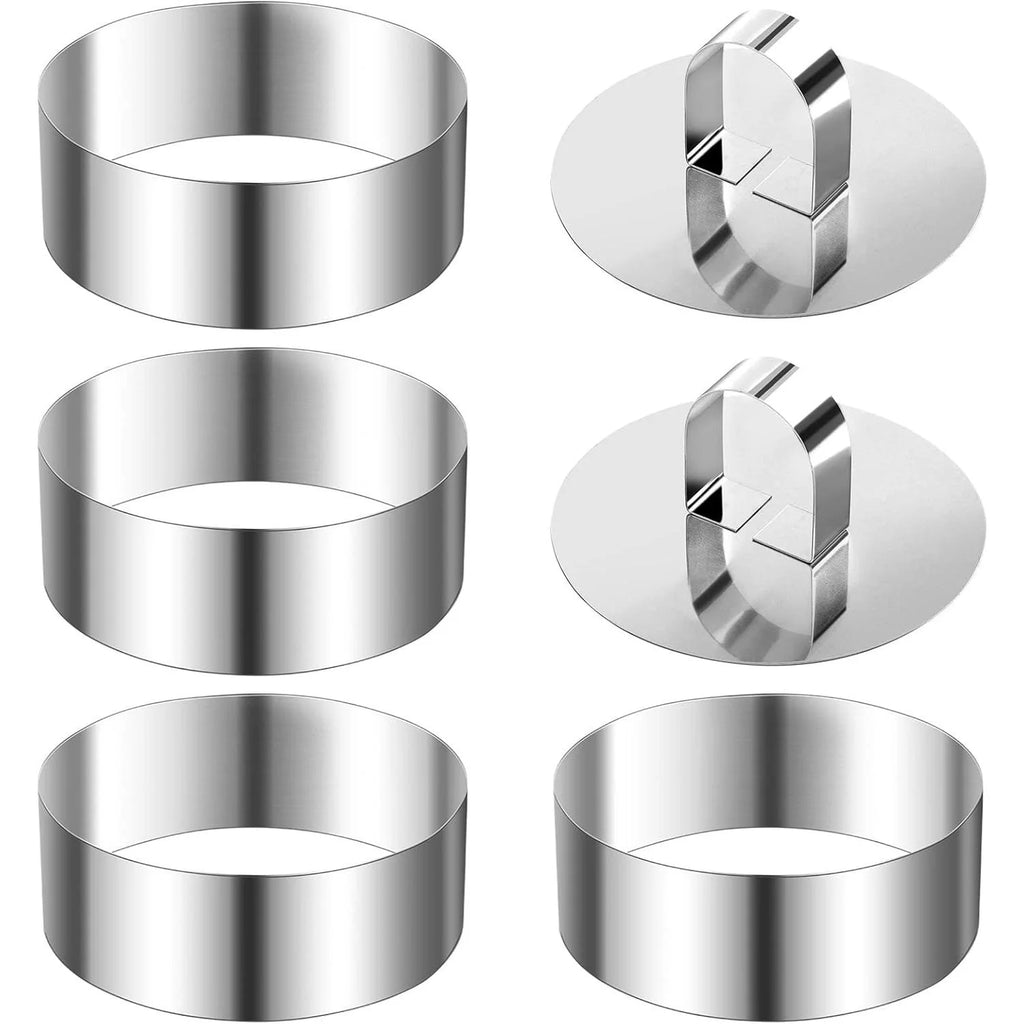 6pcs Stainless Steel Cake Ring Mold Set, 4 Rings, 2 Pusher, Round Q273950