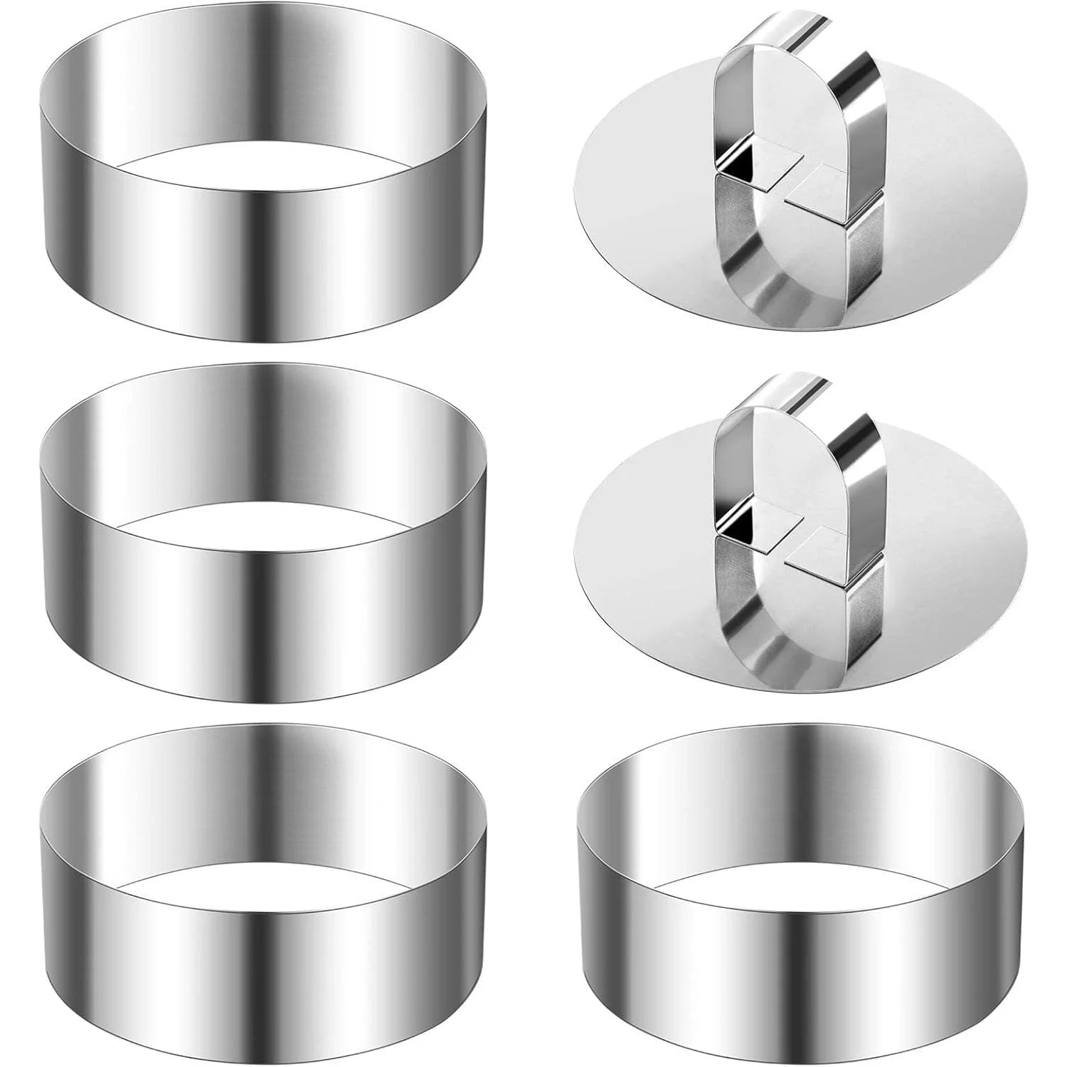 6pcs Stainless Steel Cake Ring Mold Set, 4 Rings, 2 Pusher, Round Q273950