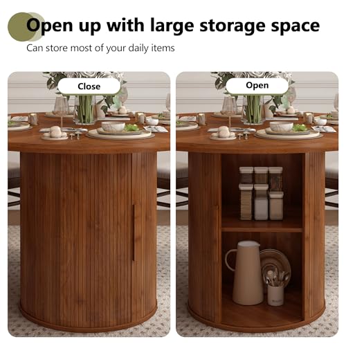 47 inch Round Dining Table with 2-Layer Storage Shelf and Wood Slide Door (Walnut) Z1818