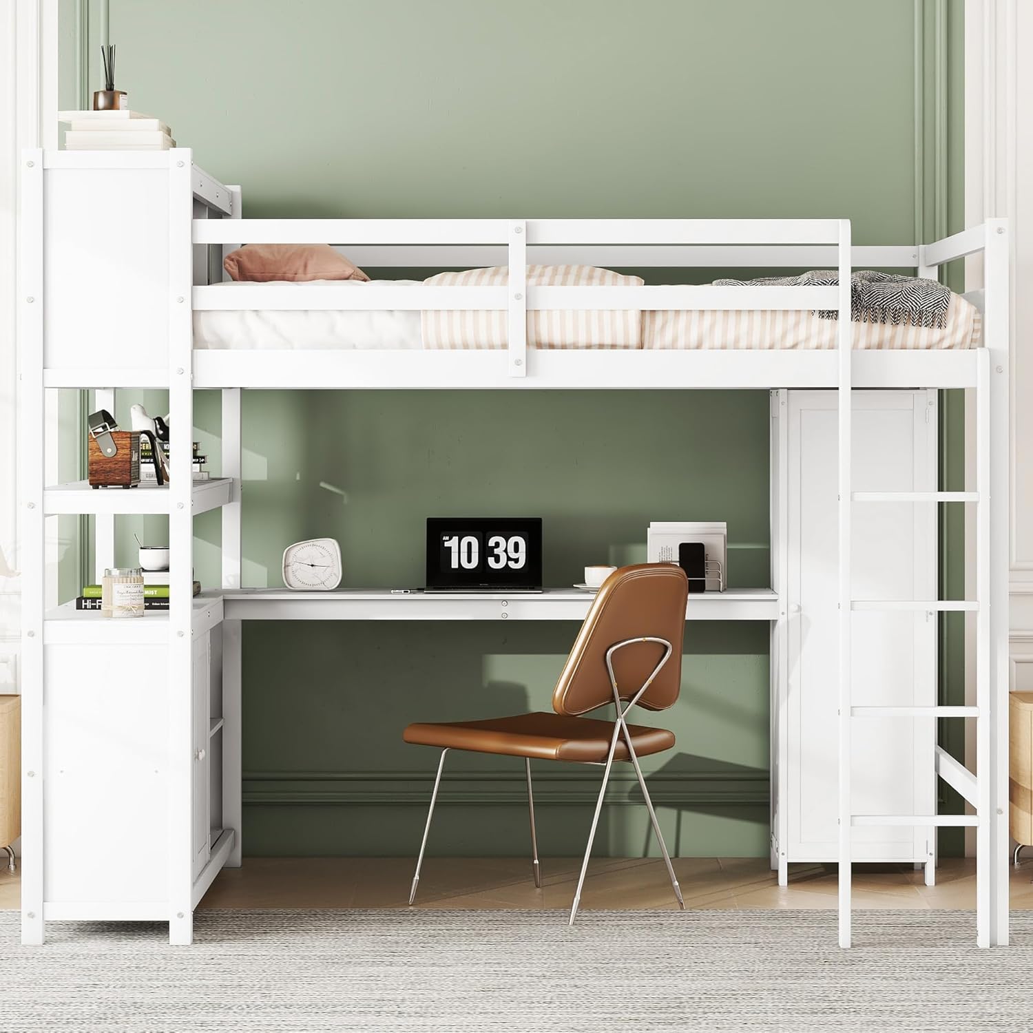 Full Size Loft Bed with Built-in Desk and Bookshelf White Y310