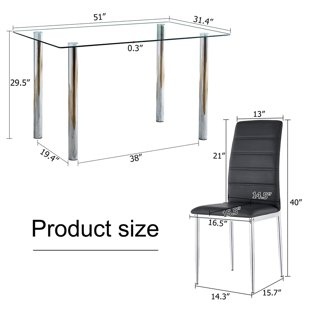 5 Piece Glass Dining Table Set with 4 Black PU Leather Chairs and Metal Legs C3601