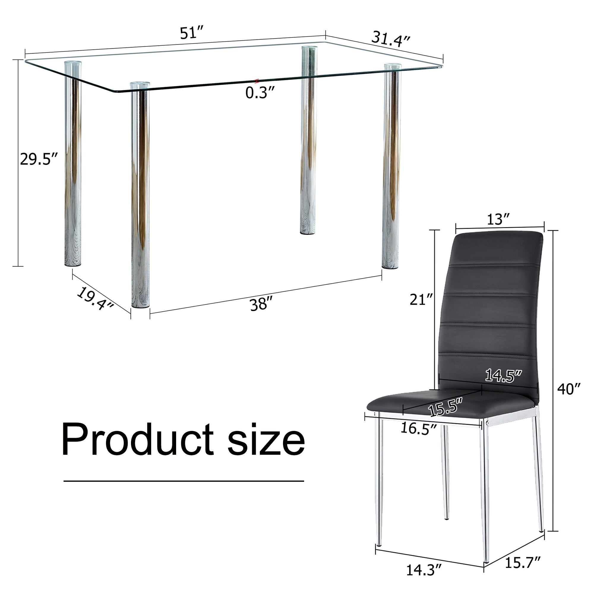 5 Piece Glass Dining Table Set with 4 Black PU Leather Chairs and Metal Legs C3601