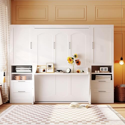 Full White Wood Murphy Bed with Desk and Storage W6851