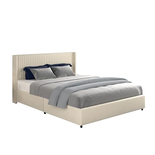 Grey Queen Size Platform Bed Frame with 4 Storage Drawers and Wingback Headboard T8837