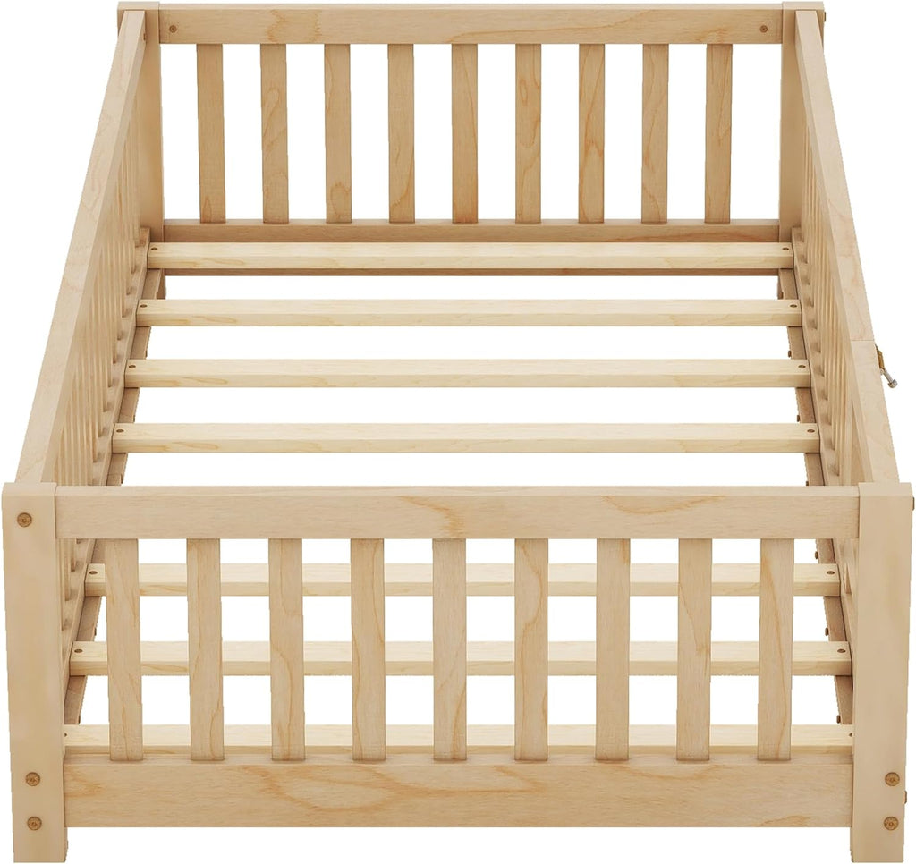 Natural Twin Size Floor Bed with Door and Fence Q9008