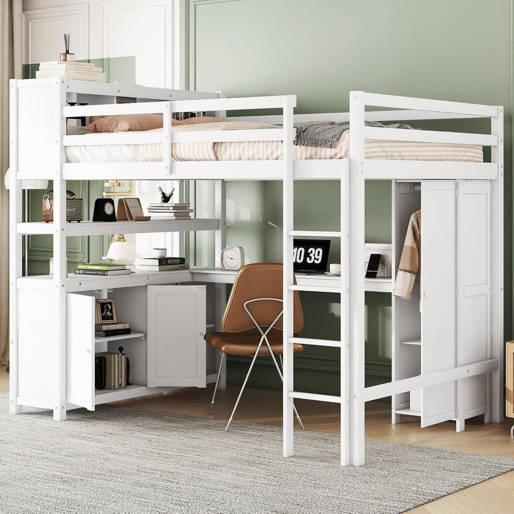 Full Size Loft Bed with Built-in Desk and Bookshelf White Y310