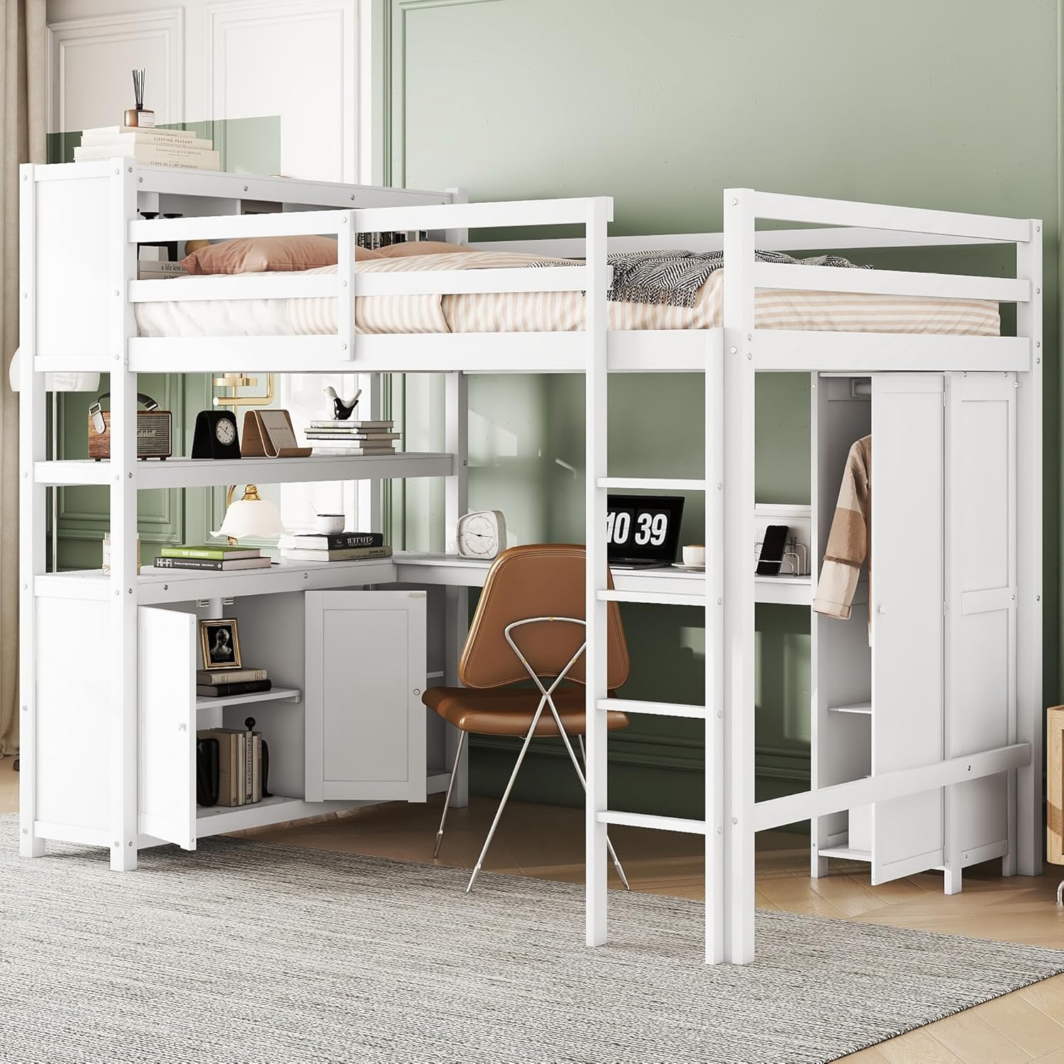 Full Size Loft Bed with Built-in Desk and Bookshelf White Y310