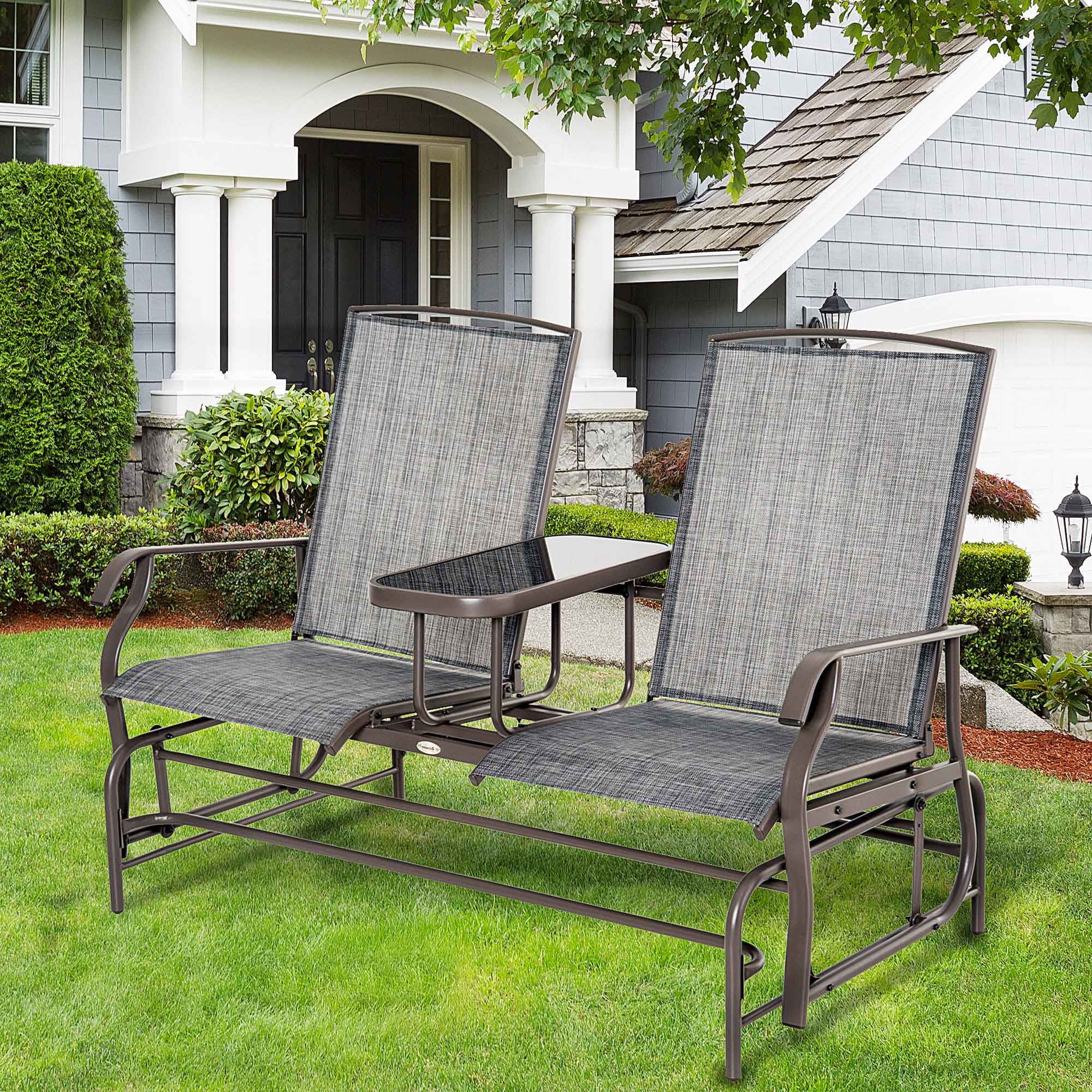 Gray Metal Frame Outdoor Glider Bench with Center Table H228018