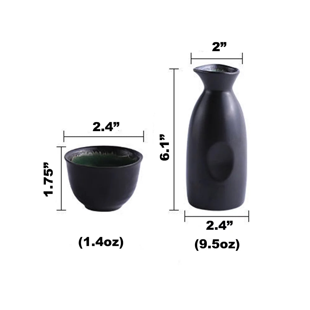 5-Piece Porcelain Ceramic Sake Set with Bottle and 4 Cups Glossy Black O708915