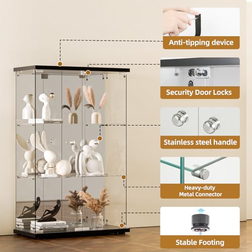 Black 4-Shelf 3 Doors Tempered Glass Display Cabinet Q819