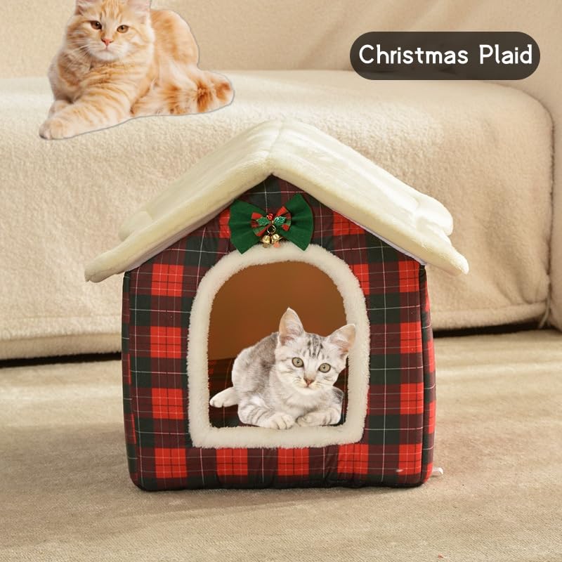 Plaid Cat Bed Cave with Removable Cushion E5647