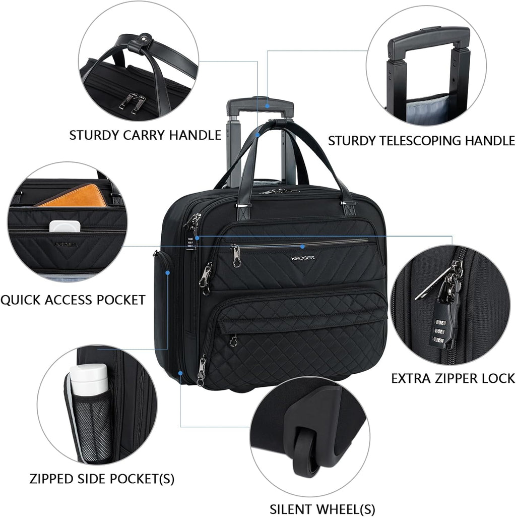 Black 15.6 inch Quilted Rolling Laptop Bag O670