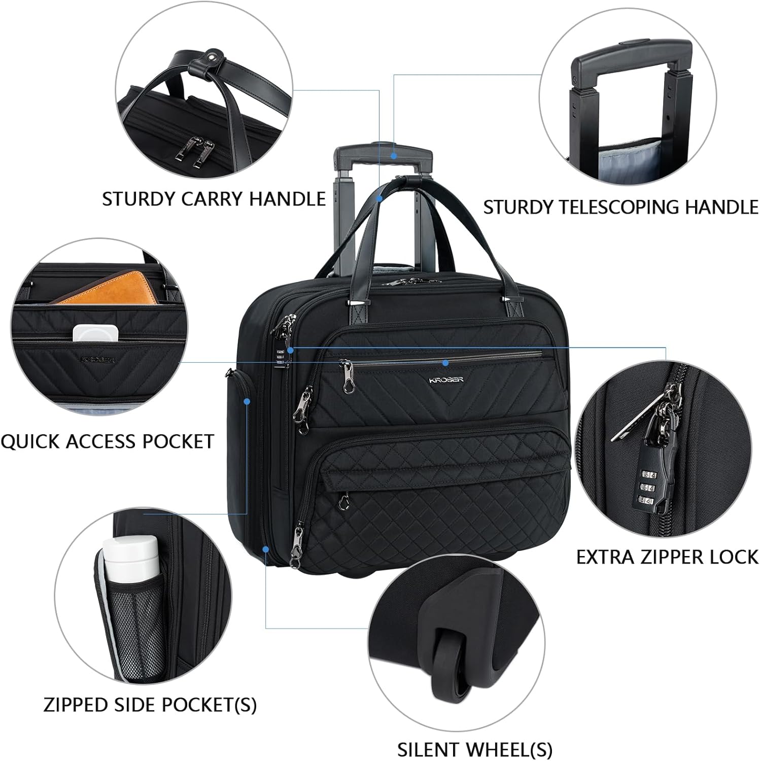 Black 15.6 inch Quilted Rolling Laptop Bag O670