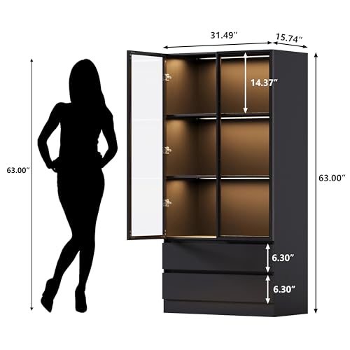 Black Tempered Glass Display Cabinet with LED Lights and 3 Shelves B3084
