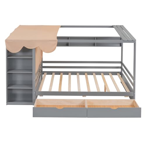 Twin Size Solid Wood House Bed with 2 Drawers and Shelves R593