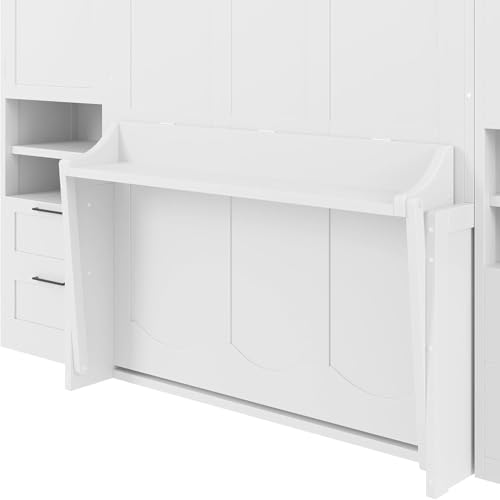 Full White Wood Murphy Bed with Desk and Storage W6851