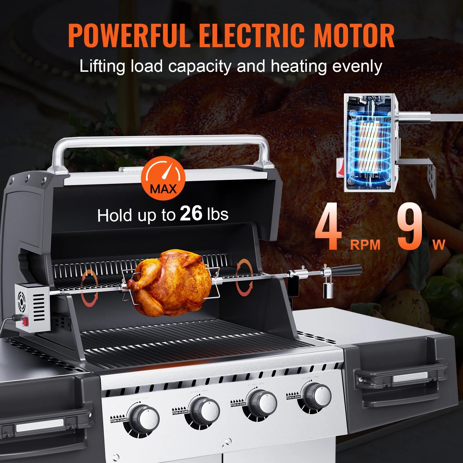 Universal Grill Rotisserie Kit BBQ Roaster 32"/39" Spit Rod Electric Motor N43507