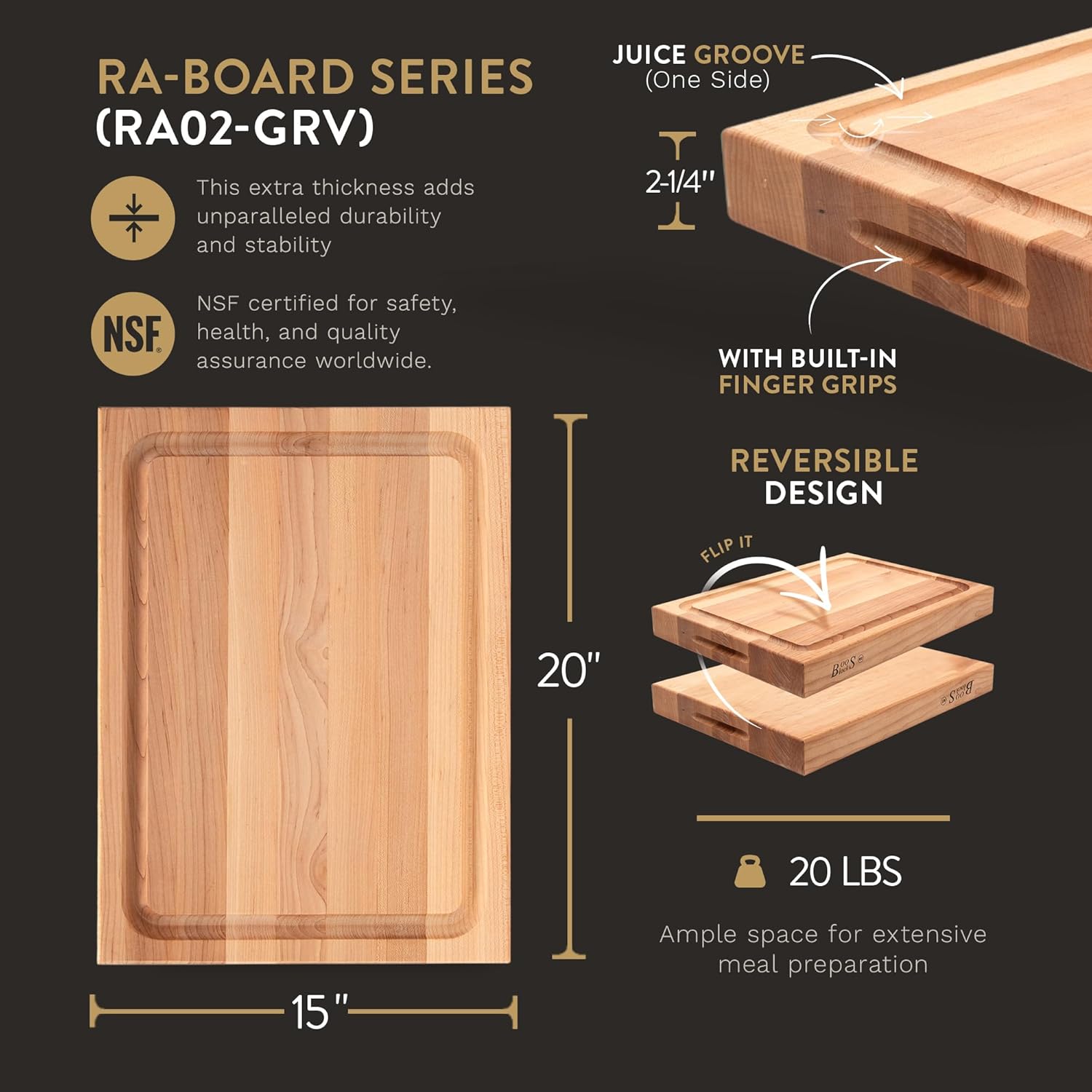 Large Reversible Wood Cutting Board, 20” x 15” x 2 1/4”, Maple H555