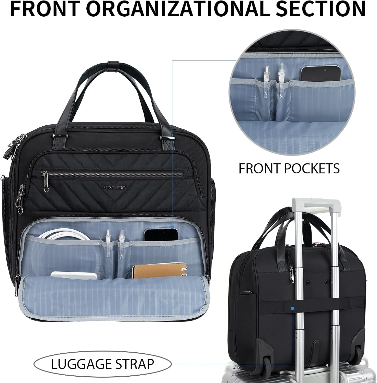 Black 15.6 inch Quilted Rolling Laptop Bag O670