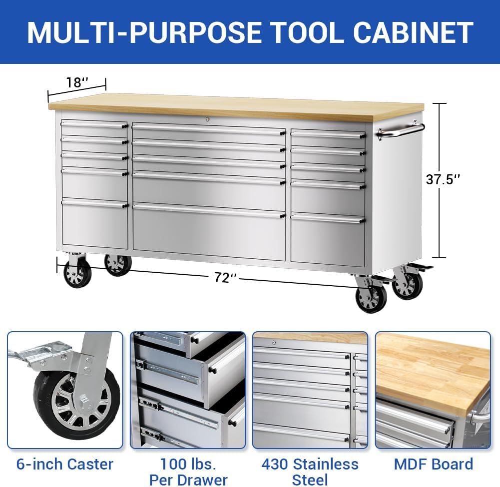 15 Drawer Stainless Steel Rolling Tool Chest with Wheels and Wood Top W441