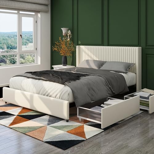 Grey Queen Size Platform Bed Frame with 4 Storage Drawers and Wingback Headboard T8837