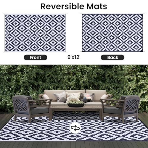 Black & Beige 5x8 ft Reversible Plastic Straw Outdoor Rug U1218